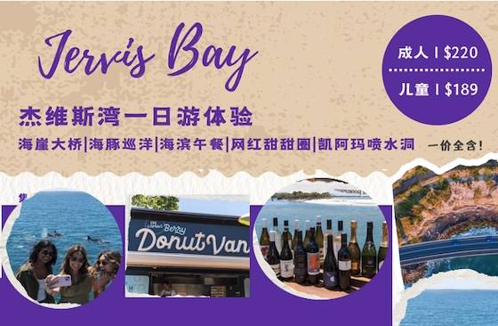 BR 悉尼-杰维斯湾一日游-门票午餐小费一价全含｜海豚巡航｜海景午餐｜Berry 甜甜圈 & 咖啡｜Kiama 喷水洞